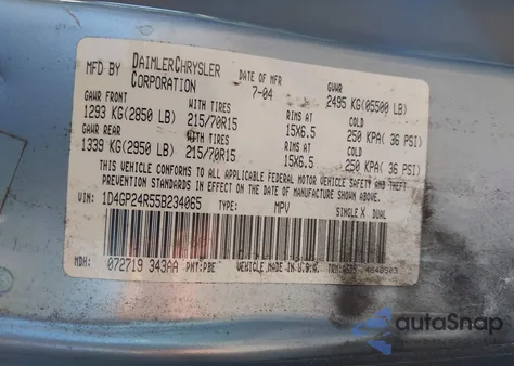 2005 Dodge Grand Caravan Se from USA, damaged, VIN 1D4GP24R55B234065